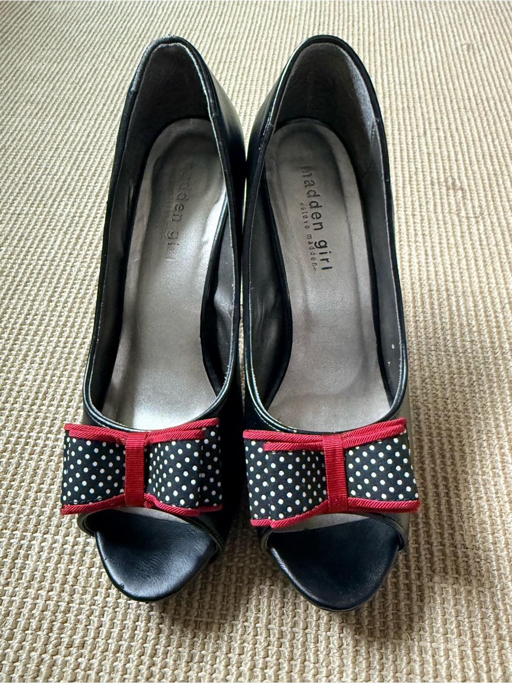 Madden Girl Black Peep Toe Pumps with Red Polka Dot Bow